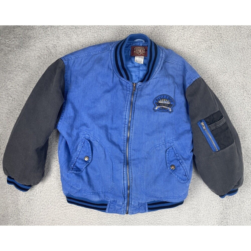 VTG 90s Bugle Boy Bomber Jacket Youth Large 16-18 Blue Black Legendary Baseball